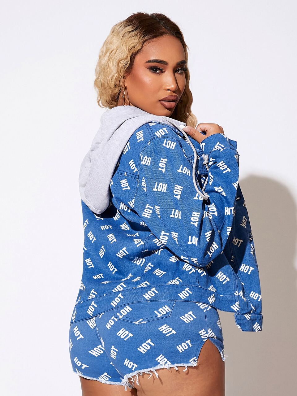 Drawstring Detail Allover Letter Graphic Hooded Denim Jacket