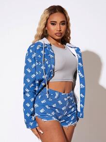 SHEIN Drawstring Detail Allover Letter Graphic Hooded Denim Jacket - Medium Wash - View 3