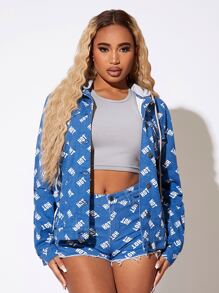 SHEIN Drawstring Detail Allover Letter Graphic Hooded Denim Jacket - Medium Wash - View 5