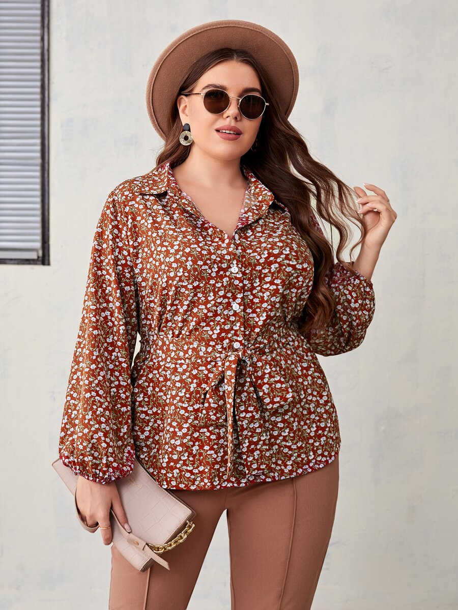 大碼小碎花燈籠袖腰帶襯衫 - 彩色 - 查看 1