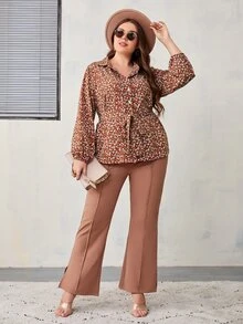 大碼小碎花燈籠袖腰帶襯衫 - 彩色 - 查看 3