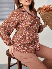 大碼小碎花燈籠袖腰帶襯衫 - 彩色 - 查看 4