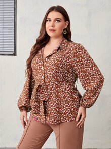 大碼小碎花燈籠袖腰帶襯衫 - 彩色 - 查看 5