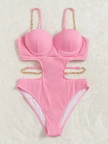 SHEIN Swim Summer Beach Rib Cut-Out Chain Linked Push Up One Piece Swimsuit - Pink - View 4