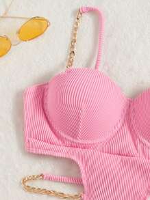 SHEIN Swim Summer Beach Rib Cut-Out Chain Linked Push Up One Piece Swimsuit - Pink - View 6