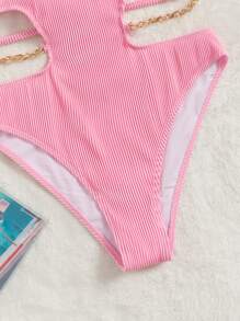 SHEIN Swim Summer Beach Rib Cut-Out Chain Linked Push Up One Piece Swimsuit - Pink - View 7