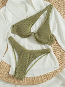 Rib One Shoulder Push Up Bikini - Multicolor - View 5