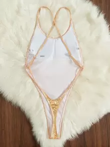 Swim SXY Metallic Backless Halter One-Piece Swimsuit For Vacation & Beach Summer - Champagne - View 5