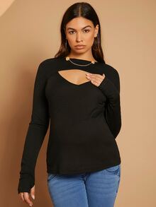 SHEIN Maternity Chain Detail Cut-out Rib-knit Tee - Black - View 2