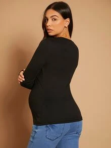 SHEIN Maternity Chain Detail Cut-out Rib-knit Tee - Black - View 3