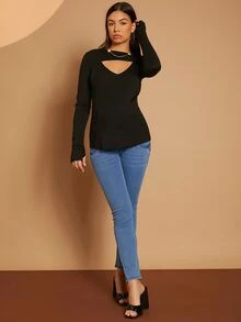 SHEIN Maternity Chain Detail Cut-out Rib-knit Tee - Black - View 4