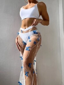 SHEIN Swim Summer Beach Butterfly Appliques Bikini Set Cami Bra & Hipster Bottom & Sheer Cover Up Pants 3 Piece Bathing Suit - White - View 1