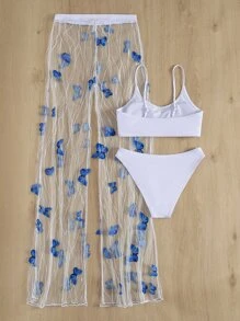 SHEIN Swim Summer Beach Butterfly Appliques Bikini Set Cami Bra & Hipster Bottom & Sheer Cover Up Pants 3 Piece Bathing Suit - White - View 2