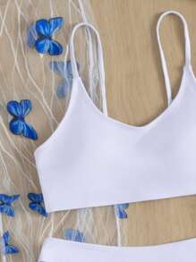 SHEIN Swim Summer Beach Butterfly Appliques Bikini Set Cami Bra & Hipster Bottom & Sheer Cover Up Pants 3 Piece Bathing Suit - White - View 5