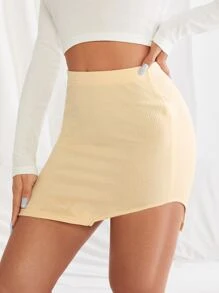 SHEIN Essnce Falda mini unicolor bajo asimétrico - Beis - Ver 1