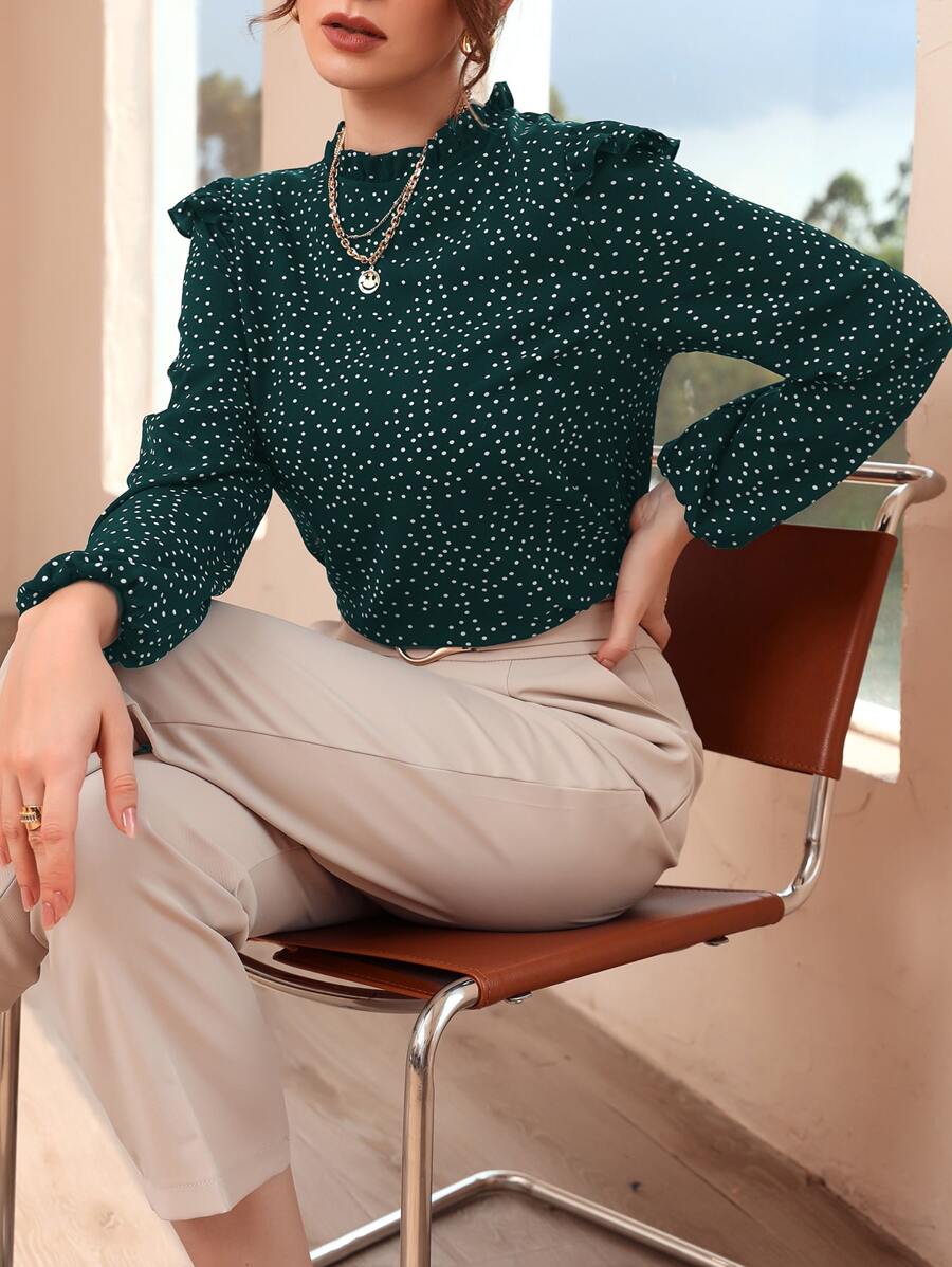 Modelyn Áo sơ mi nữ viền lá sen Xù Chấm bi Thanh lịch - Màu xanh lá cây đậm - Xem 1