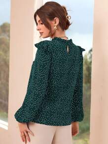 Modelyn Áo sơ mi nữ viền lá sen Xù Chấm bi Thanh lịch - Màu xanh lá cây đậm - Xem 2