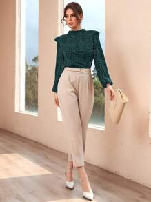 Modelyn Áo sơ mi nữ viền lá sen Xù Chấm bi Thanh lịch - Màu xanh lá cây đậm - Xem 4