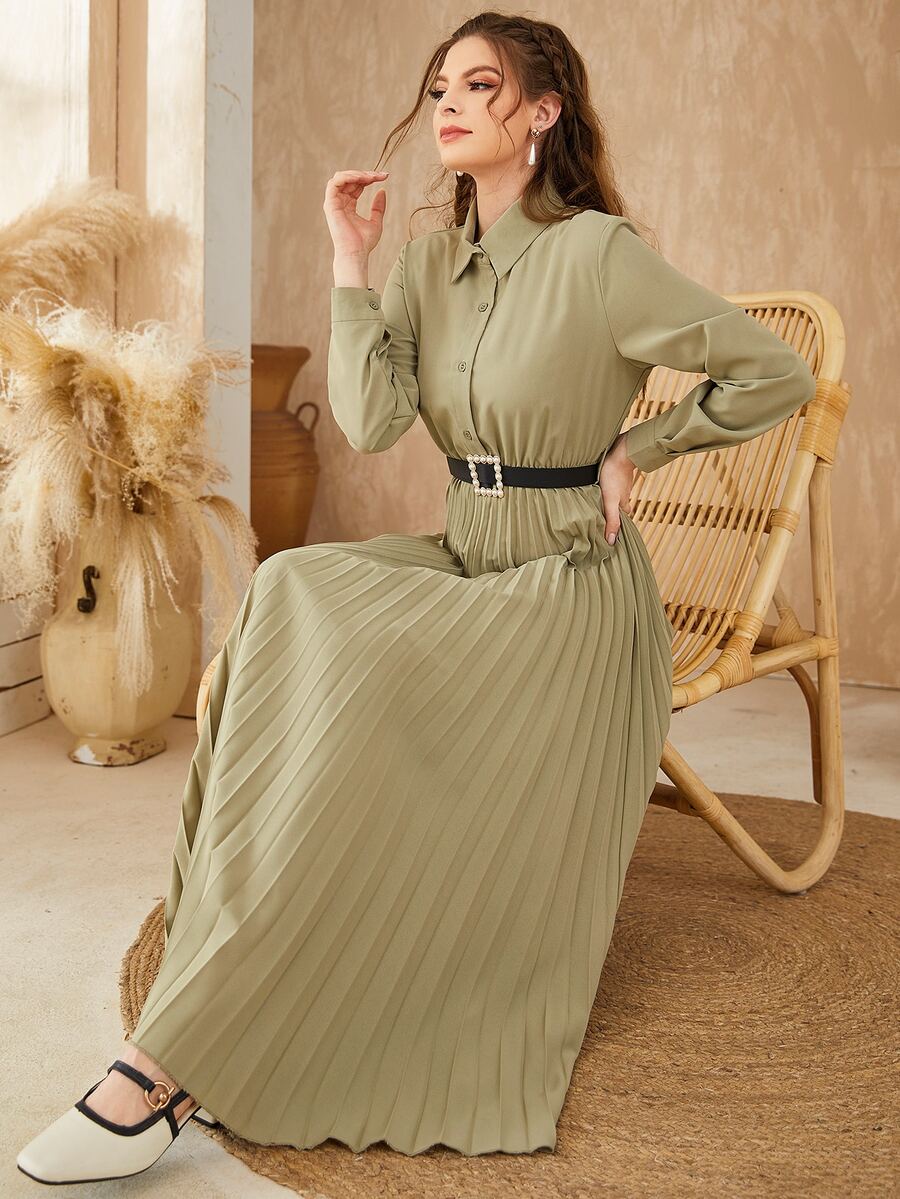Modelyn Pleated Hem Belted Shirt Dress - Army Green - View 1