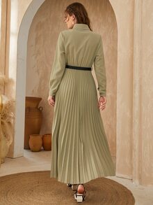 Modelyn Pleated Hem Belted Shirt Dress - Army Green - View 2