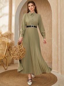 Modelyn Pleated Hem Belted Shirt Dress - Army Green - View 3
