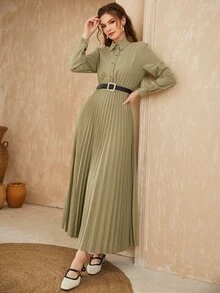 Modelyn Pleated Hem Belted Shirt Dress - Army Green - View 4
