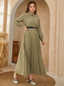 Modelyn Pleated Hem Belted Shirt Dress - Army Green - View 5