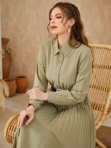 Modelyn Pleated Hem Belted Shirt Dress - Army Green - View 6