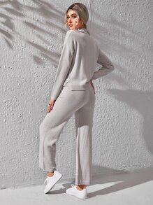 Chiquease 女式立领接缝细节开叉落肩毛衣和针织裤秋季服装