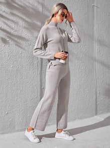 Chiquease 女式立领接缝细节开叉落肩毛衣和针织裤秋季服装