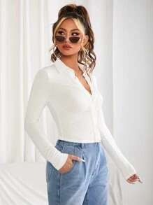 SHEIN EZwear Ruched Button Up Slim Tee - White - View 4