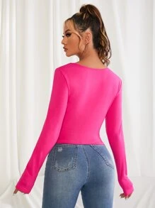 SHEIN Neon Pink Contrast Piping Long Sleeve Crop Top - Hot Pink - View 2