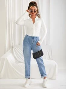 SHEIN EZwear Ruched Button Up Slim Tee - White - View 6