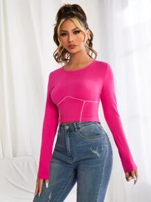 SHEIN Neon Pink Contrast Piping Long Sleeve Crop Top - Hot Pink - View 3