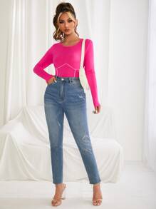SHEIN Neon Pink Contrast Piping Long Sleeve Crop Top - Hot Pink - View 4