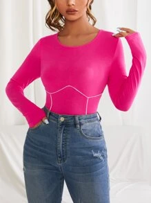 SHEIN Neon Pink Contrast Piping Long Sleeve Crop Top - Hot Pink - View 5