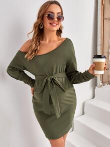 SHEIN Váy Bà bầu Thắt lưng màu trơn Giải trí - xanh quân đội - Xem 2