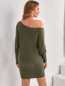 SHEIN Váy Bà bầu Thắt lưng màu trơn Giải trí - xanh quân đội - Xem 3