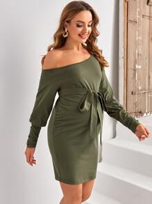 SHEIN Váy Bà bầu Thắt lưng màu trơn Giải trí - xanh quân đội - Xem 4