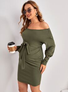 SHEIN Váy Bà bầu Thắt lưng màu trơn Giải trí - xanh quân đội - Xem 5