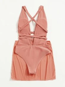 2 paquetes Traje de baño de una pieza con escote profundo y falda de playa de verano - Rosa coral - Ver 3