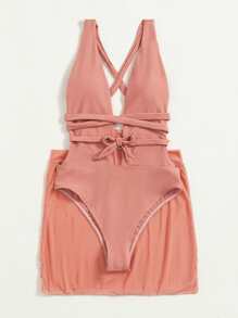 2 paquetes Traje de baño de una pieza con escote profundo y falda de playa de verano - Rosa coral - Ver 4