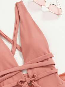 2 paquetes Traje de baño de una pieza con escote profundo y falda de playa de verano - Rosa coral - Ver 5