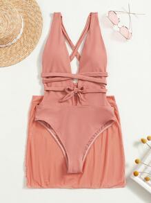 2 paquetes Traje de baño de una pieza con escote profundo y falda de playa de verano - Rosa coral - Ver 6