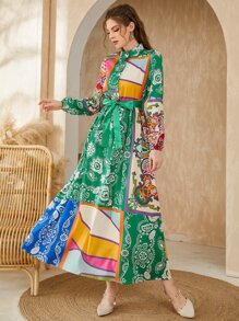 Mulvari Patchwork Print Lantern Sleeve Belted Dress - Multicolor - View 1