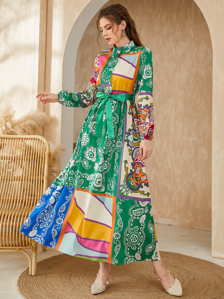 Mulvari Patchwork Print Lantern Sleeve Belted Dress - Multicolor - View 1