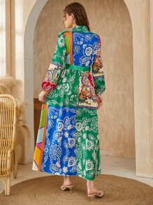 Mulvari Patchwork Print Lantern Sleeve Belted Dress - Multicolor - View 2