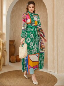 Mulvari Patchwork Print Lantern Sleeve Belted Dress - Multicolor - View 3