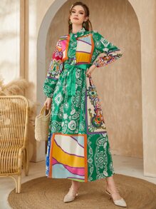 Mulvari Patchwork Print Lantern Sleeve Belted Dress - Multicolor - View 4