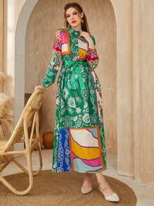 Mulvari Patchwork Print Lantern Sleeve Belted Dress - Multicolor - View 5